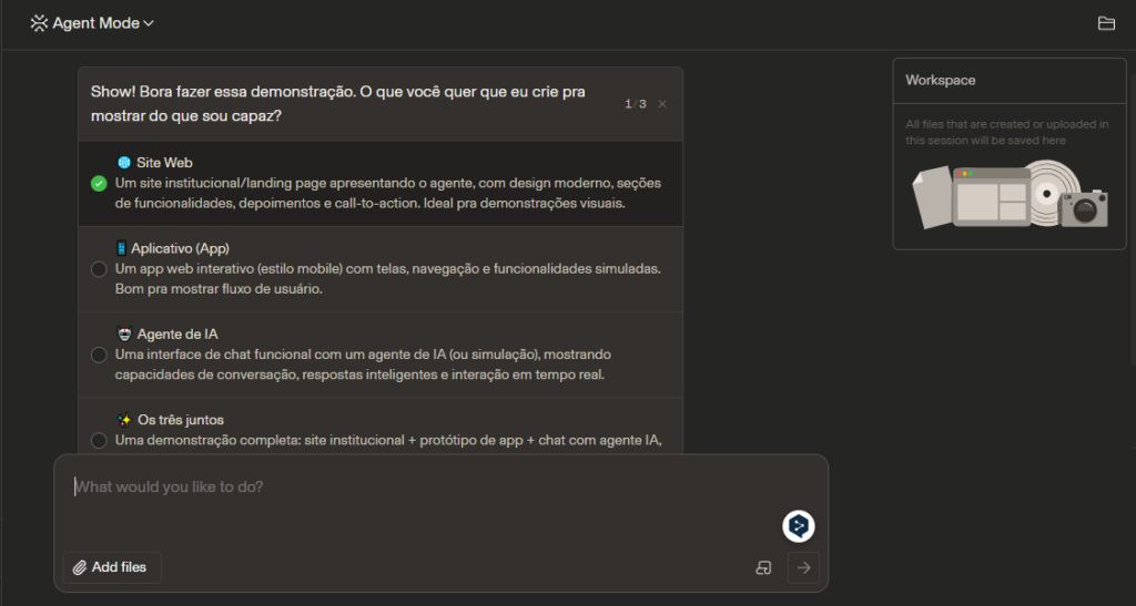 Captura de tela do Agent Mode do Arena AI mostrando a interface de demonstração para criação de sites, aplicativos e agentes de inteligência artificial. Recurso testado pelo IA do Brasil durante a avaliação completa da plataforma em 2026.