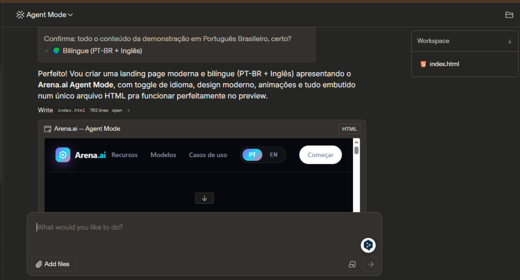 Arena AI Agent Mode criando automaticamente uma landing page bilíngue em HTML com design moderno e suporte para português e inglês.