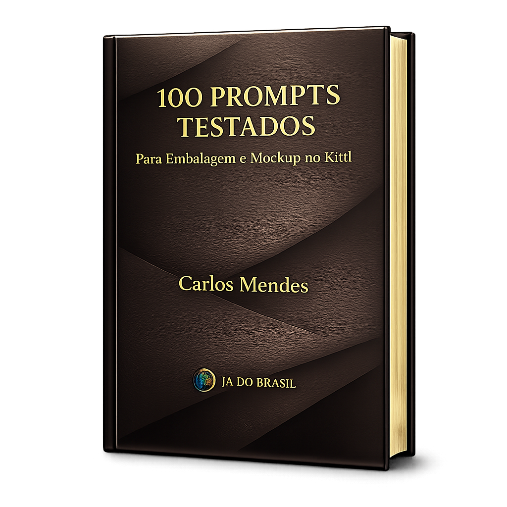 Capa do ebook 100 Prompts Testados para o Kittl, pack de prompts prontos para embalagem, rotulo e mockup de produto fisico, por Carlos Mendes, IA DO BRASIL