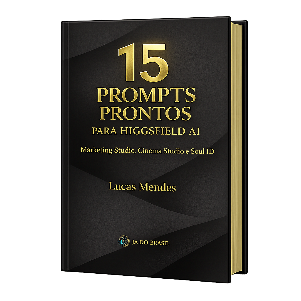 Capa do ebook gratuito 15 Prompts Prontos para Higgsfield AI, de Lucas Mendes, guia com prompts para Marketing Studio, Cinema Studio e Soul ID