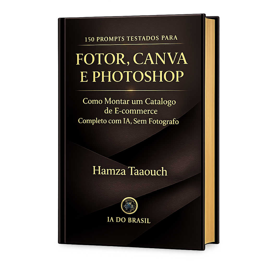 Capa do e-book 150 Prompts Testados para Fotor, Canva e Photoshop: Como Montar um Catálogo de E-commerce Completo com IA, Sem Fotógrafo, por Hamza Taaouch, IA do Brasil