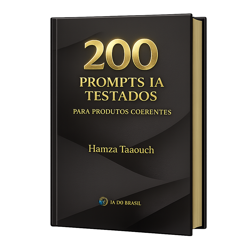 Capa do ebook 200 Prompts IA Testados para Produtos Coerentes, de Hamza Taaouch, pack de prompts para Kittl, Canva, Adobe Express, Fotor, Midjourney e Leonardo.Ai