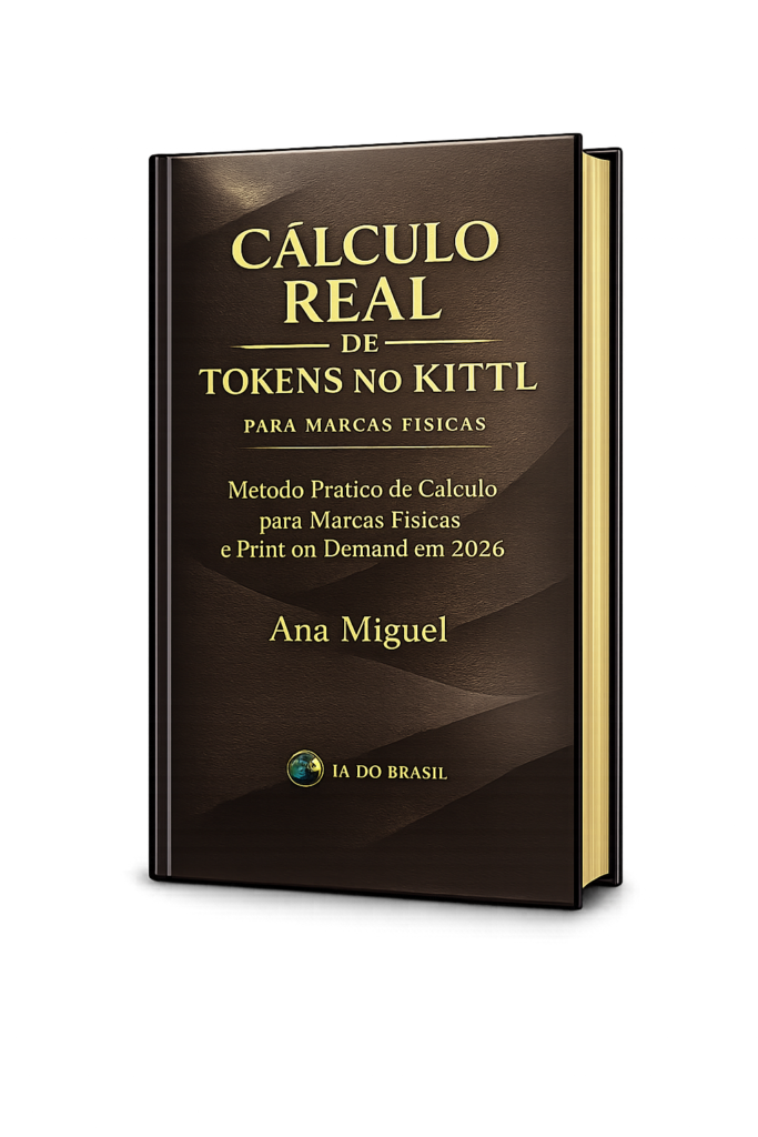 Capa do ebook Calculo Real de Tokens no Kittl, guia pratico para marcas fisicas e print on demand calcularem consumo mensal de tokens em 2026, por Ana Miguel, IA DO BRASIL
