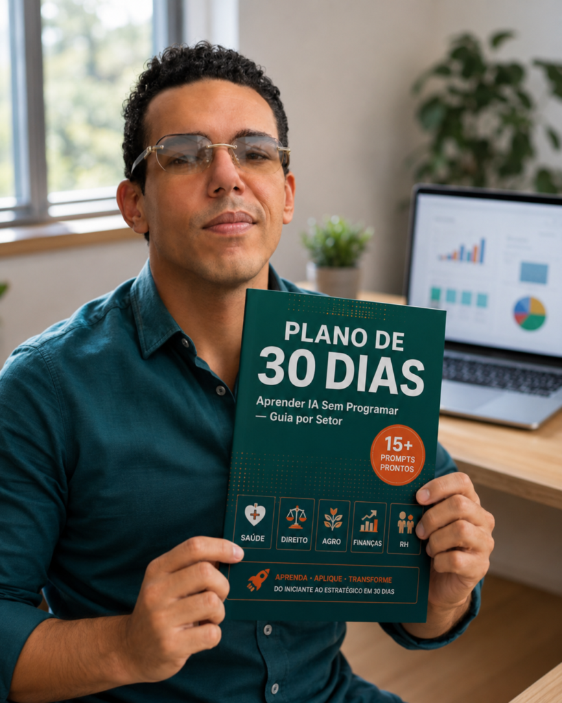 Capa do e-book Plano de 30 Dias para Aprender IA Sem Programar, guia com prompts prontos para os setores de Saúde, Direito, Agronegócio, Finanças e RH — produto da IA do Brasil