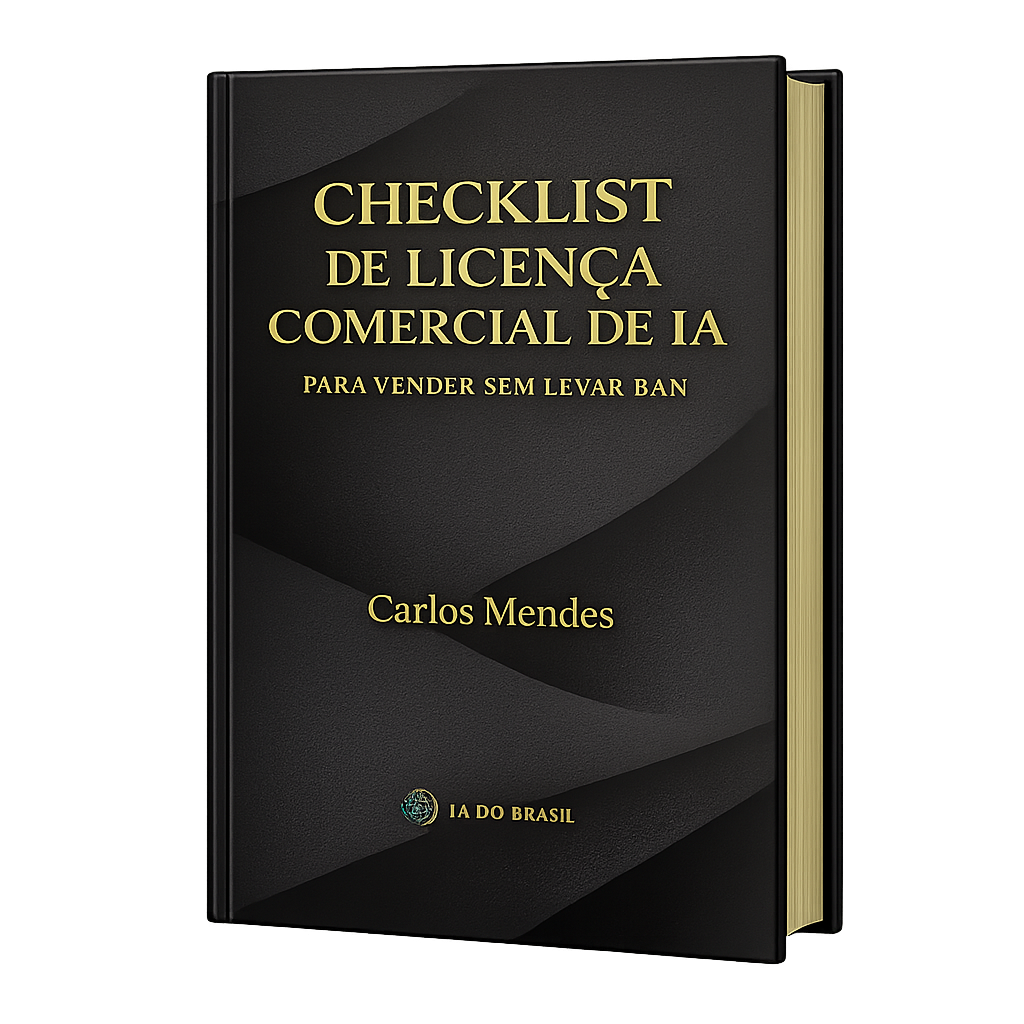 Capa do ebook gratuito Checklist de Licença Comercial de IA para vender sem levar ban, de Carlos Mendes, guia com comparativo de Kittl, Canva, Adobe Express, Fotor, Midjourney e Leonardo.Ai