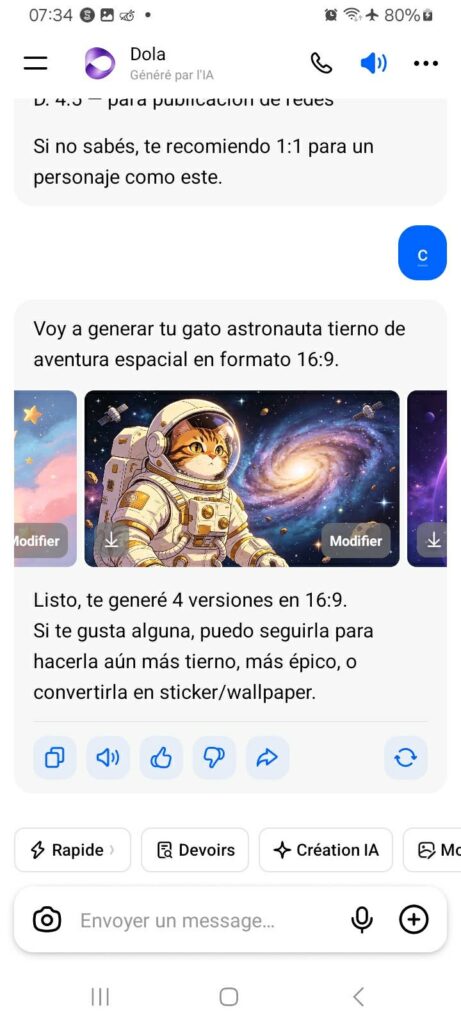 Captura de tela do Dola AI mostrando 4 versões geradas de um gato astronauta em formato 16:9 durante nosso teste