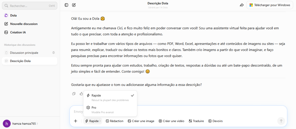 Dola AI app tela inicial mostrando chat e assistentes temáticos