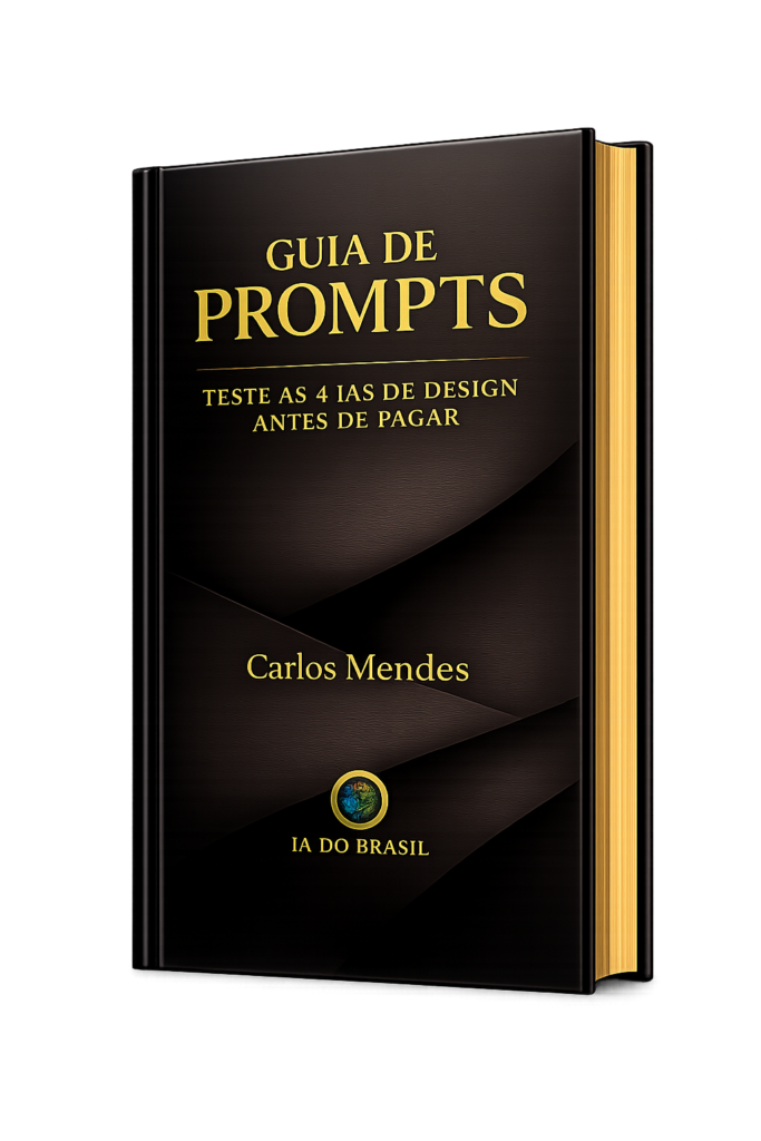 Capa do ebook Guia de Prompts, teste as 4 IAs de Design antes de pagar, de Carlos Mendes, com 102 prompts prontos para Kittl, Fotor, Adobe Express e Canva