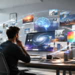 Ilustração mostrando inteligência artificial do Canva auxiliando na criação de designs, apresentações e conteúdo visual com recursos do Magic Studio em 2026.