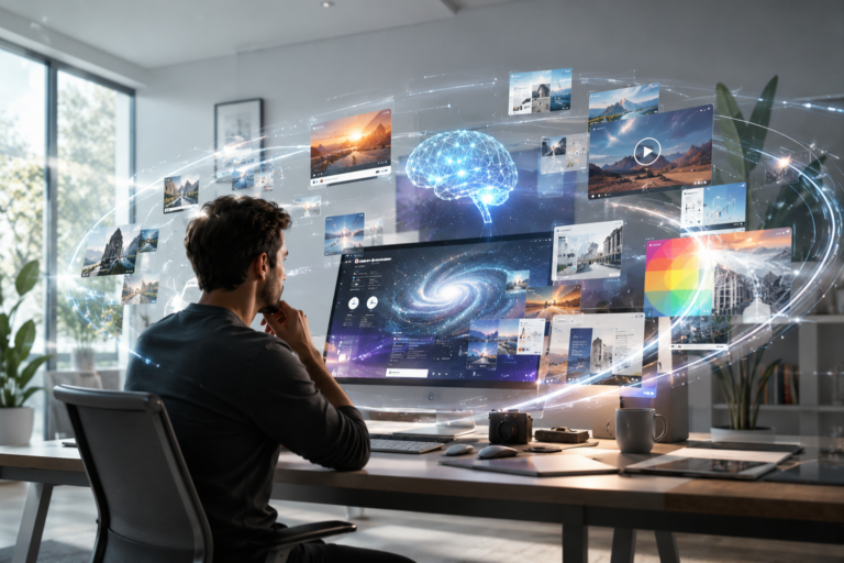 Ilustração mostrando inteligência artificial do Canva auxiliando na criação de designs, apresentações e conteúdo visual com recursos do Magic Studio em 2026.