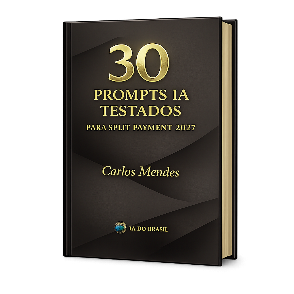 Capa do ebook Pack 30 Prompts IA Testados para Split Payment 2027, guia para contadores brasileiros se prepararem para a Reforma Tributária, por Carlos Mendes, IA do Brasil