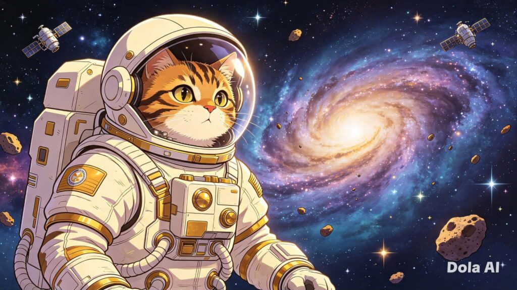 Imagem de gato astronauta gerada pelo Dola AI durante nosso teste prático, estilo anime, formato 16:9