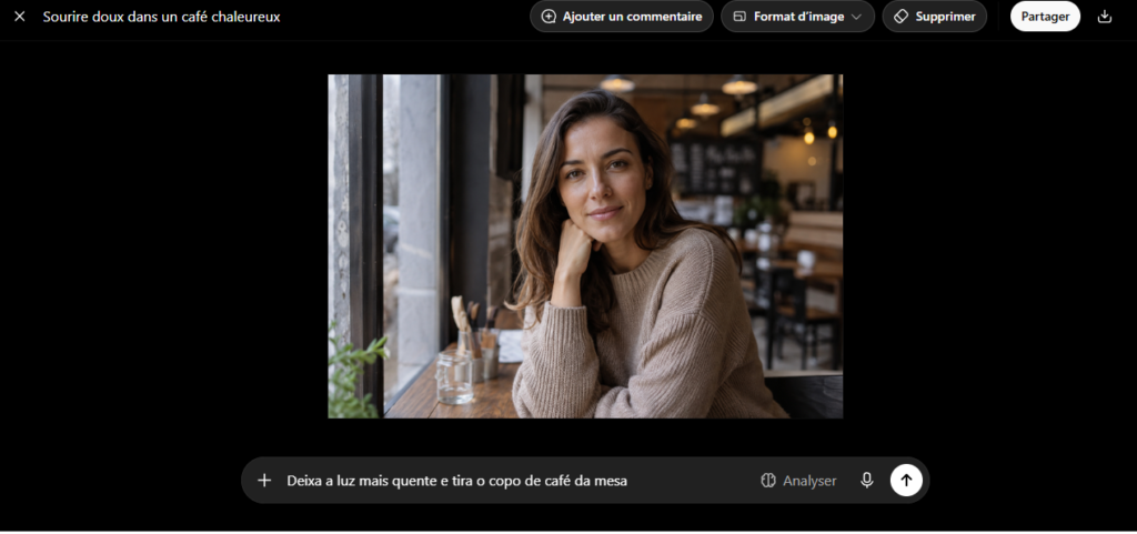 Resultado após pedir ajuste de luz e remoção de objeto por conversa no ChatGPT, sem reescrever o prompt original