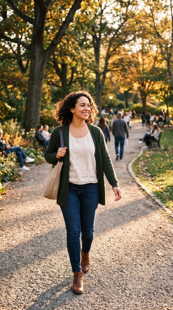 Mesma mulher gerada pelo Google Flow em um segundo cenário, demonstrando consistência de personagem entre gerações diferentes