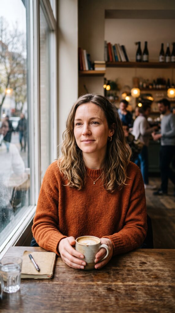Imagem gerada no Google Flow com Nano Banana a partir do prompt retrato fotorrealista de mulher em café, teste de qualidade e iluminação