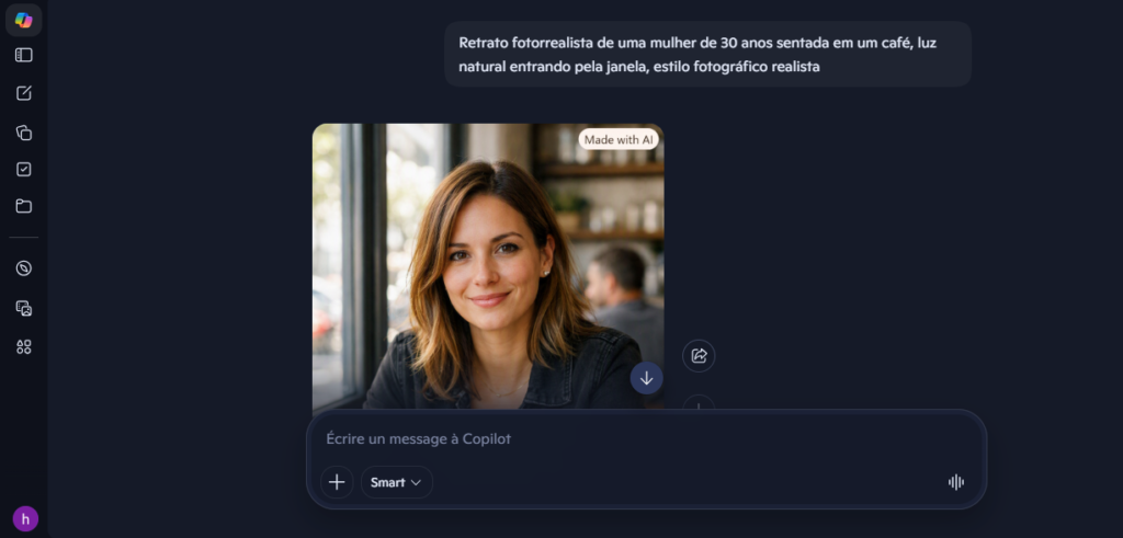 Imagem gerada pelo Microsoft Copilot a partir do mesmo prompt de retrato usado nos testes anteriores deste guia