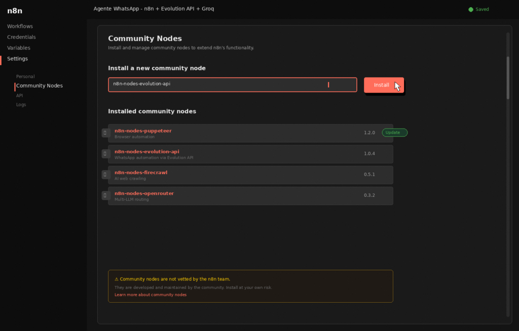 Interface do n8n na seção Settings > Community Nodes mostrando a instalação do pacote n8n-nodes-evolution-api para automação de WhatsApp com Evolution API