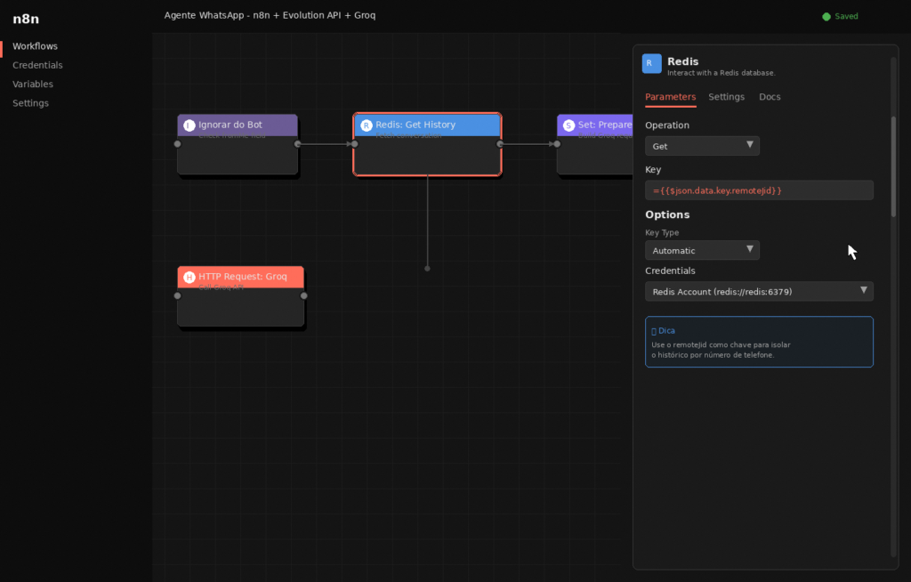 Node Redis no n8n em modo Get configurado com a expressão remoteJid como chave de sessão para memória de contexto isolada por número de telefone no chatbot WhatsApp