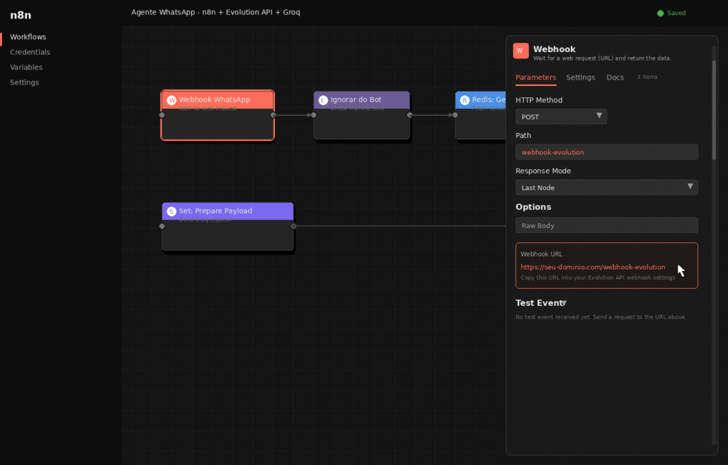 Node Webhook no n8n configurado com método POST e path webhook-evolution para receber mensagens da Evolution API via webhook no fluxo de chatbot WhatsApp com IA