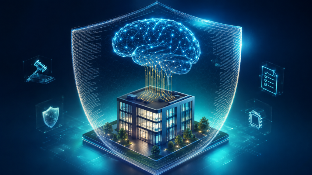PL 2338/2023: ilustração 3D isométrica de uma pequena empresa brasileira protegida por um escudo jurídico digital, com um cérebro de inteligência artificial flutuando acima conectado por fios de dados dourados