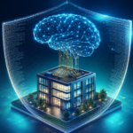 PL 2338/2023: ilustração 3D isométrica de uma pequena empresa brasileira protegida por um escudo jurídico digital, com um cérebro de inteligência artificial flutuando acima conectado por fios de dados dourados