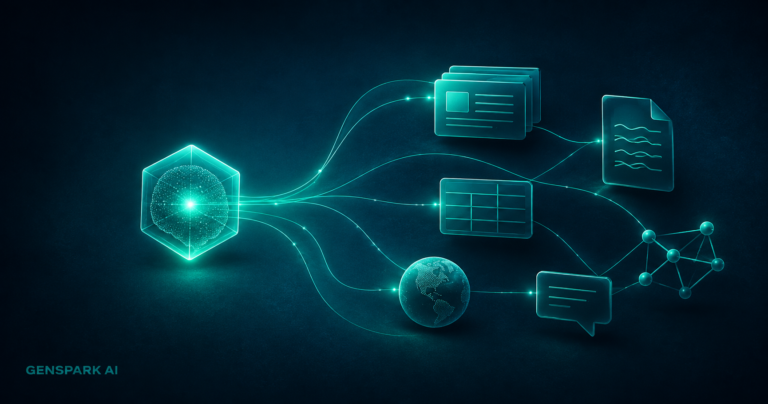 Genspark AI vale a pena em 2026: ilustração conceitual do Super Agent conectando apresentações, pesquisa, planilhas, sites e o agente autônomo Claw em uma única plataforma